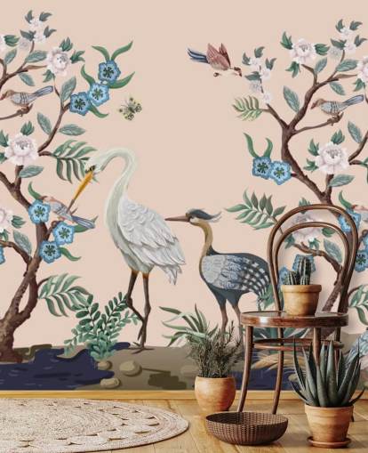 pastel toned birds and flowers wallpaper