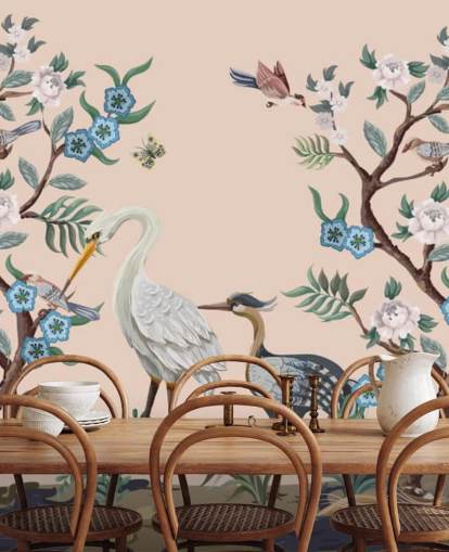 pastel toned birds and flowers wallpaper
