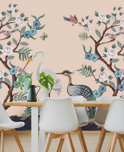 pastel toned birds and flowers wallpaper