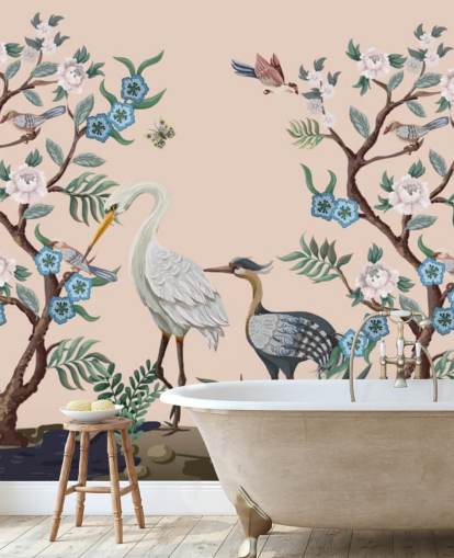 pastel tonet fugle og blomster tapet