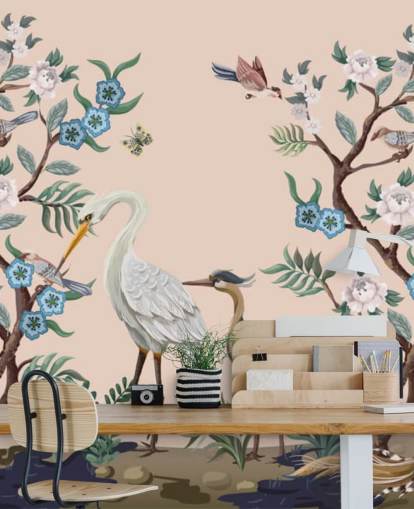 pastelkleurige vogels en bloemen behang