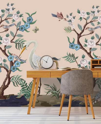 papel de parede de pássaros e flores em tons pastel