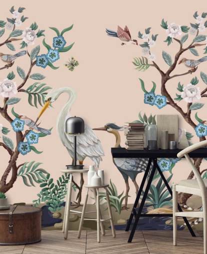 papel de parede de pássaros e flores em tons pastel