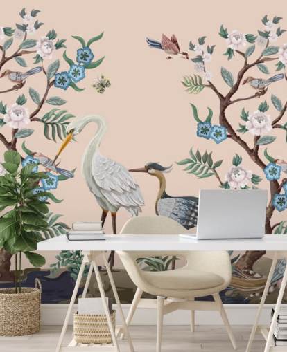 papel pintado de pájaros y flores en tonos pastel