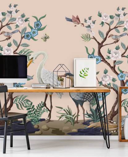 pastel toned birds and flowers wallpaper