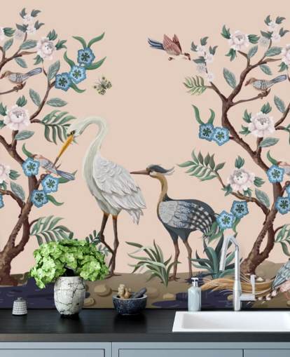 papier peint oiseaux et fleurs aux tons pastel