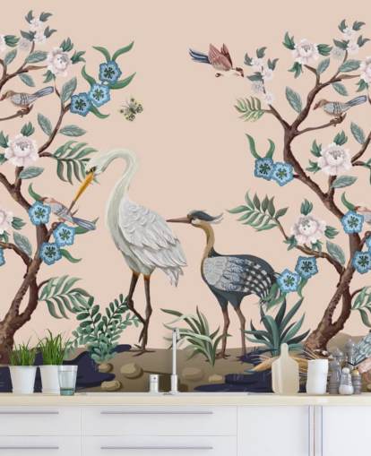 papel de parede de pássaros e flores em tons pastel