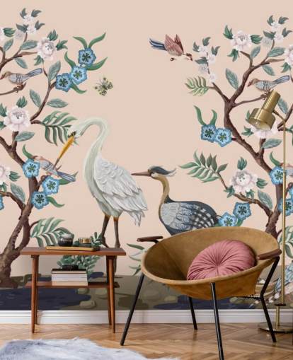 pastel toned birds and flowers wallpaper