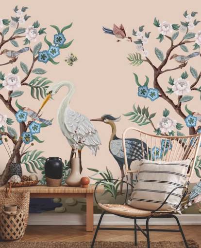 pastel toned birds and flowers wallpaper