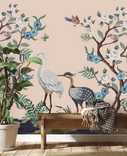 pastelkleurige vogels en bloemen behang