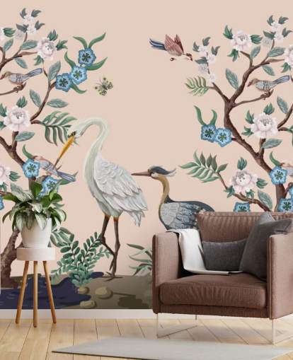 pastel toned birds and flowers wallpaper