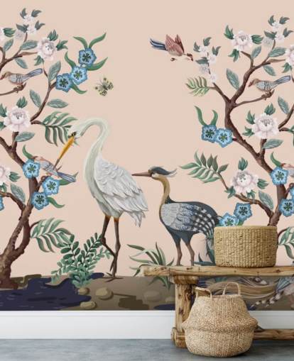 pastel tonet fugle og blomster tapet