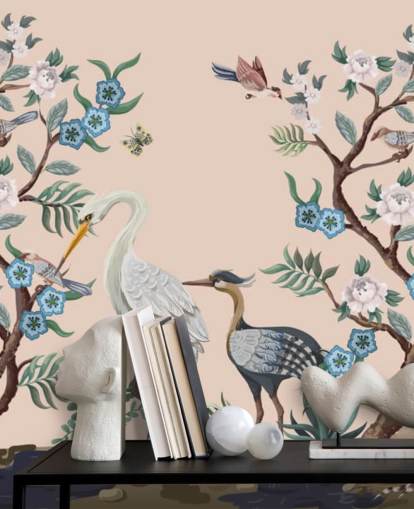 papel pintado de pájaros y flores en tonos pastel