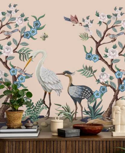 pastelkleurige vogels en bloemen behang