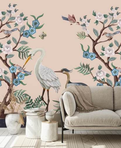 pastel toned birds and flowers wallpaper