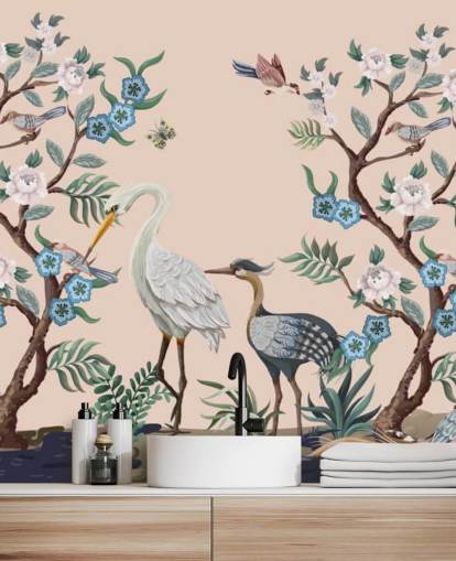 pastellfarbene Vögel und Blumen Tapete