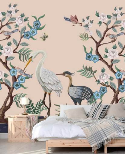 pastel toned birds and flowers wallpaper