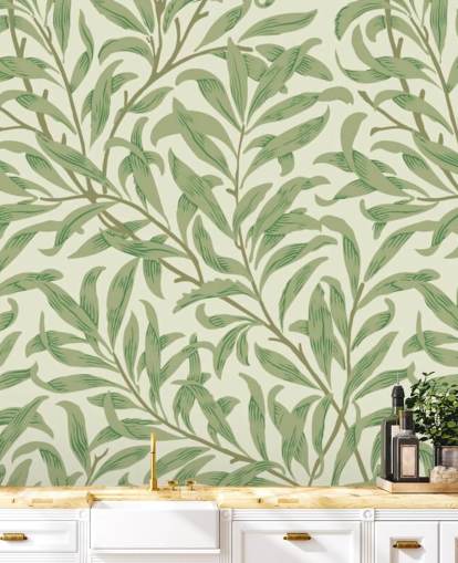 Willow Bough wall mural with green leaves by William Morris
