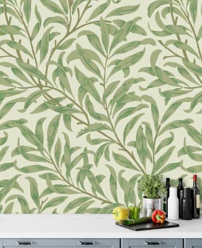Willow Bough wall mural with green leaves by William Morris