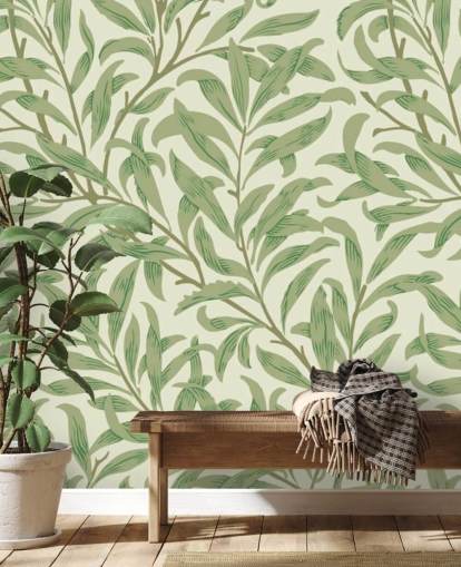 Willow Bough wall mural with green leaves by William Morris
