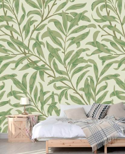 Willow Bough wall mural with green leaves by William Morris