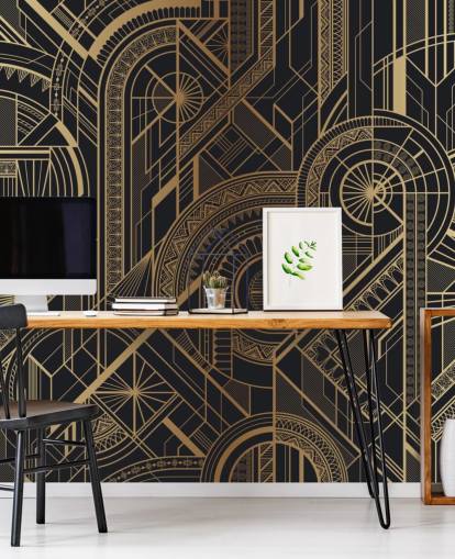 Mural de parede com padrão preto e dourado