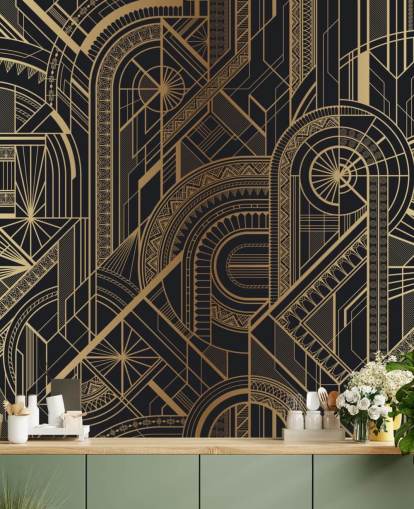 Mural de pared con estampado negro y dorado