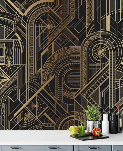Mural de parede com padrão preto e dourado