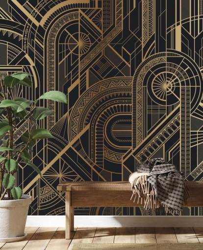 Mural de parede com padrão preto e dourado
