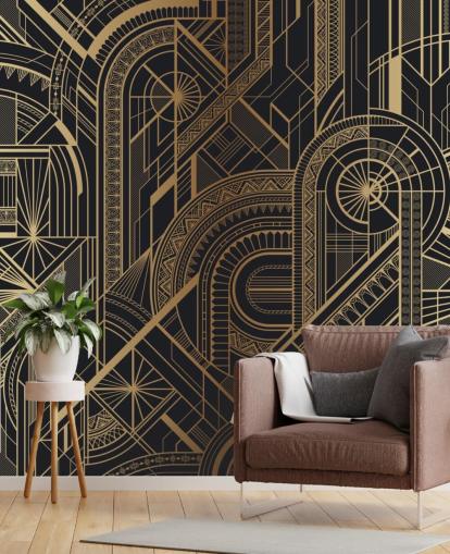 Musta ja kultainen kuvio seinämaalaus