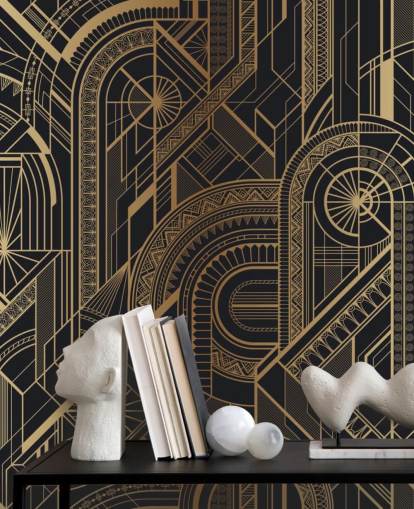 Mural de pared con estampado negro y dorado