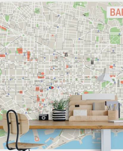 kleurrijke muurschildering op maat van de kaart van Barcelona genaamd Map of Barcelona