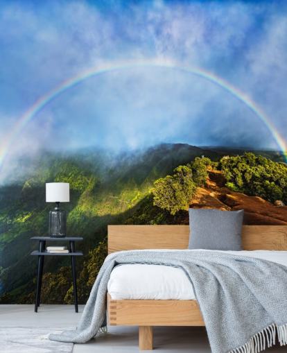 mural de pared de montaña rocosa con un enorme arco iris natural