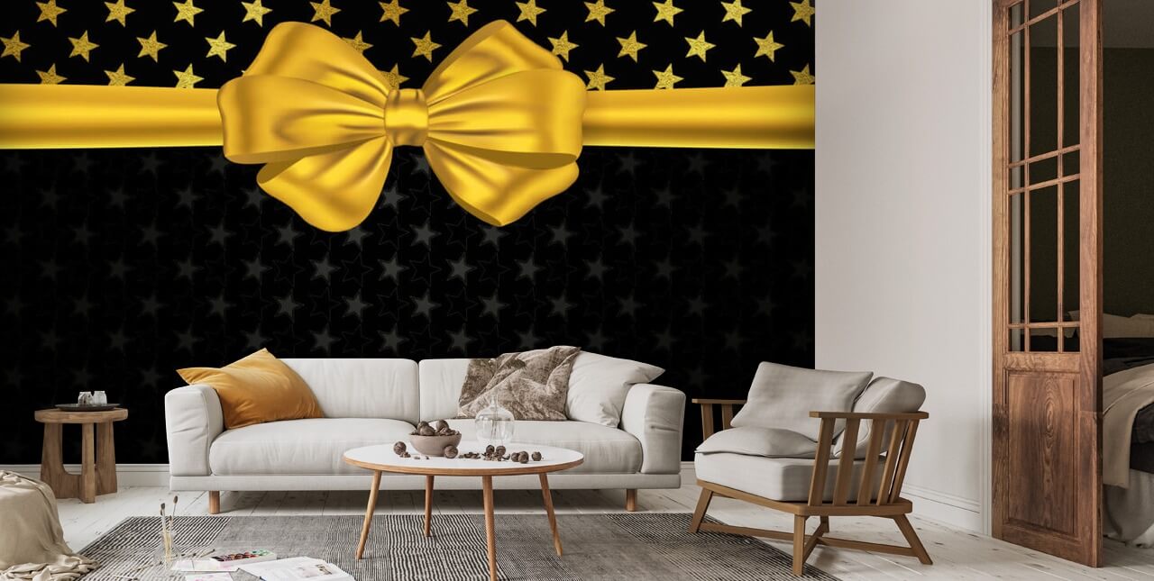 Glitter gold stars with bow on a black background | Wallsauce US