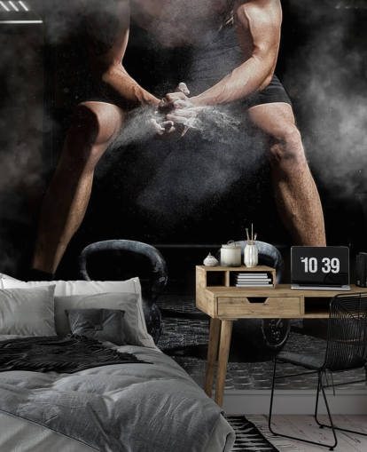 uomo, mettere, gesso, mani, prima, sollevare, pesi