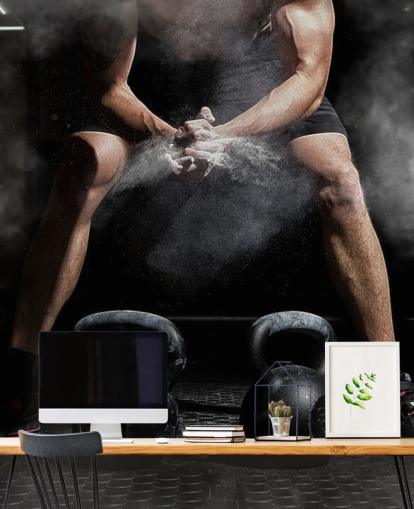 uomo, mettere, gesso, mani, prima, sollevare, pesi