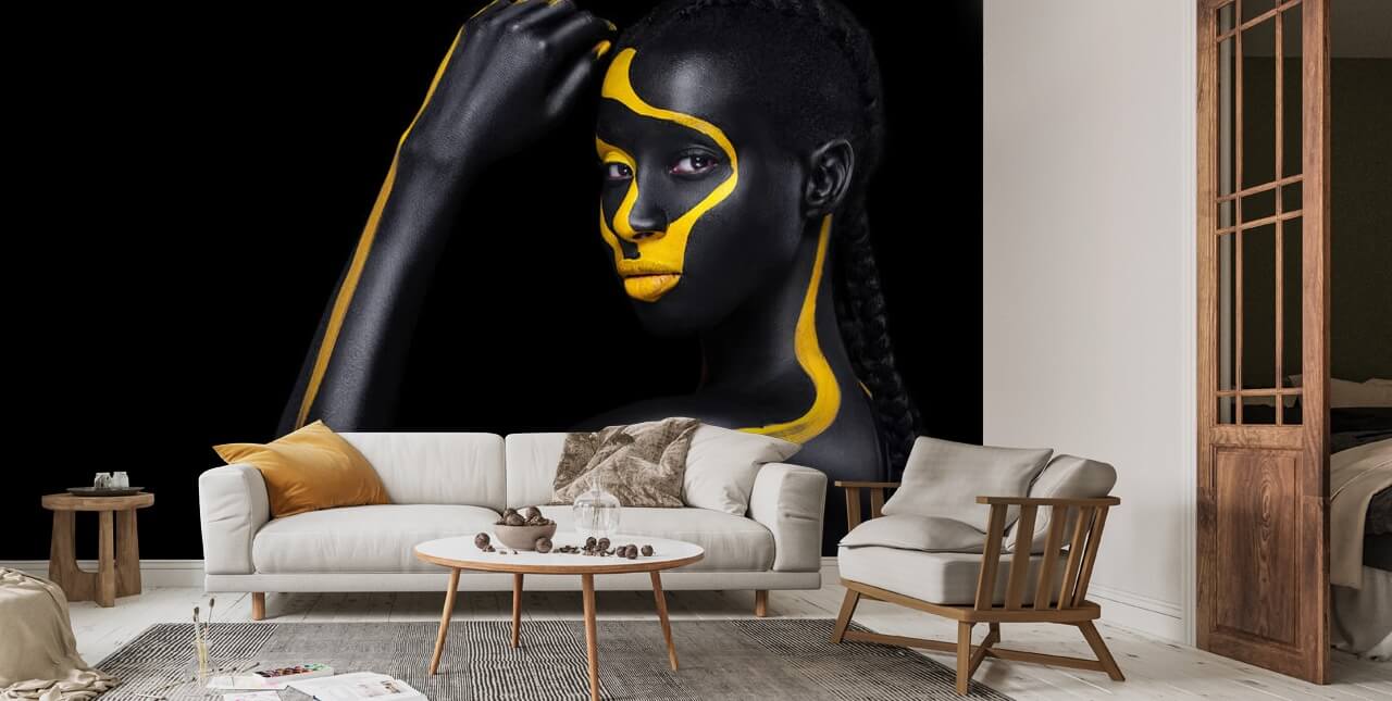 Face Art Woman With Black And Yellow Body Paint Young African Girl