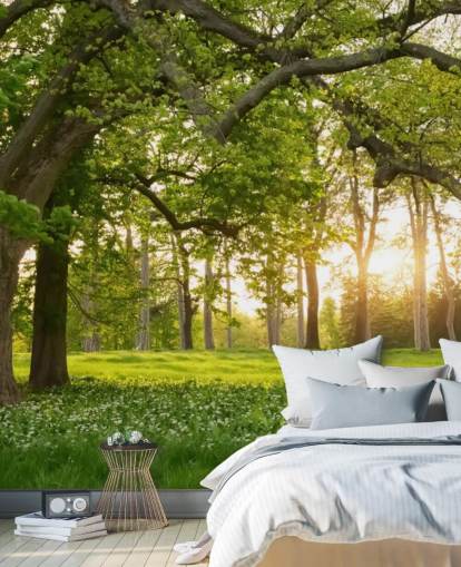 green and brown tree wallpaper mural called Springtime Forest for home offices, lounges and bedrooms