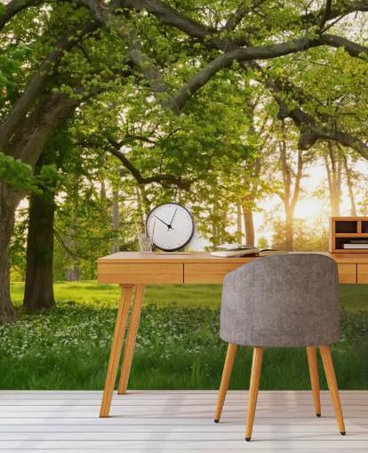 green and brown tree wallpaper mural called Springtime Forest for home offices, lounges and bedrooms