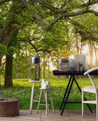 grönt och brunt träd tapetväggmålning kallad Springtime Forest för hemmakontor, lounger och sovrum