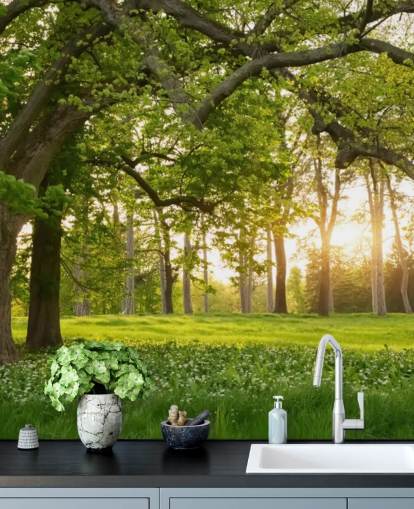 green and brown tree wallpaper mural called Springtime Forest for home offices, lounges and bedrooms