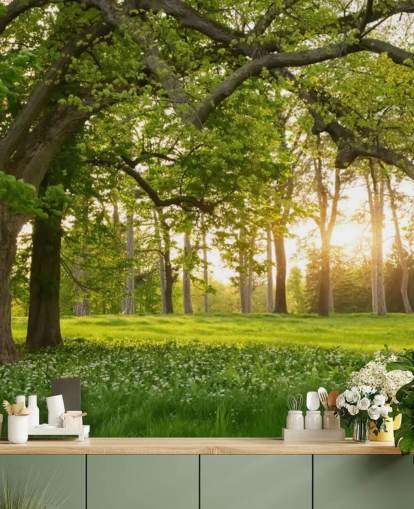 green and brown tree wallpaper mural called Springtime Forest for home offices, lounges and bedrooms