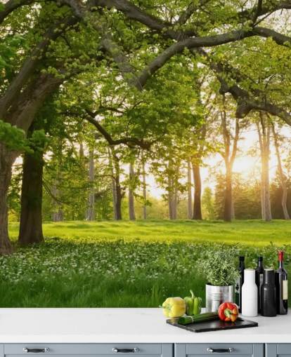 grønt og brunt træ tapet vægmaleri kaldet Springtime Forest til hjemmekontorer, lounger og soveværelser grønt og brunt træ tapet vægmaleri kaldet Springtime Forest til hjemmekontorer, lounger og soveværelser