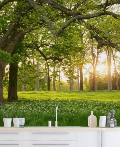 mural de papel pintado de árboles verdes y marrones llamado Springtime Forest para oficinas en casa, salones y dormitorios