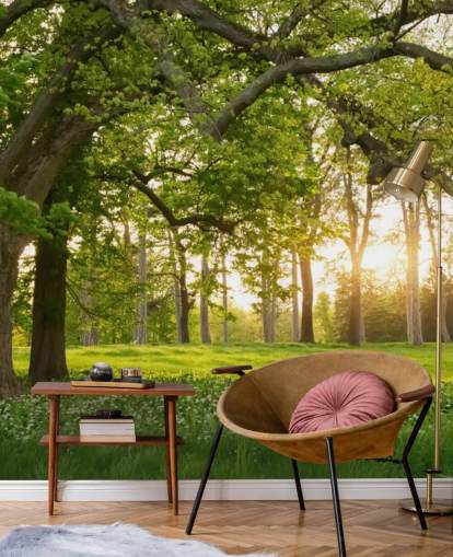 green and brown tree wallpaper mural called Springtime Forest for home offices, lounges and bedrooms