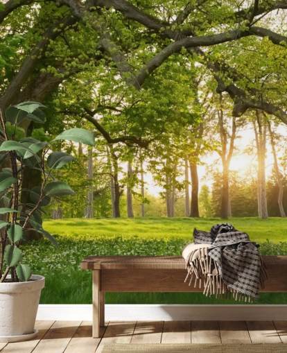 grönt och brunt träd tapetväggmålning kallad Springtime Forest för hemmakontor, lounger och sovrum