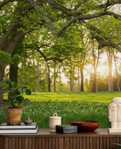 mural de papel de parede de árvore verde e marrom chamado Springtime Forest para escritórios domésticos, salões e quartos mural de papel de parede de árvore verde e marrom chamado Springtime Forest para escritórios domésticos, salões e quartos