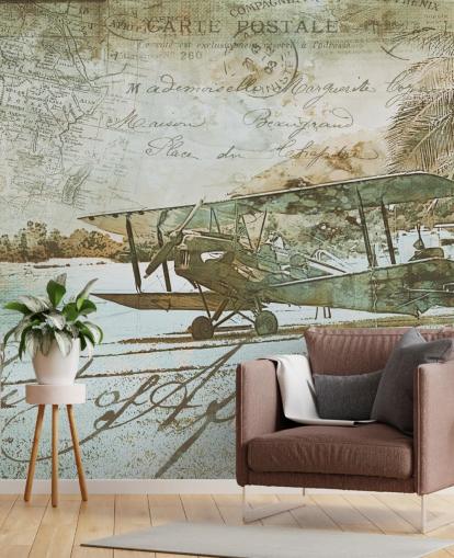 vintage illustration of an old fashioned aeroplane wallpaper