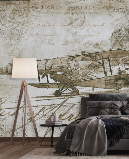 vintage illustration af en flyvemaskine tapet