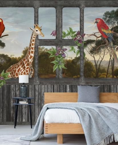 loros rojos y jirafas mirando a través del papel tapiz de la ventana de cabina